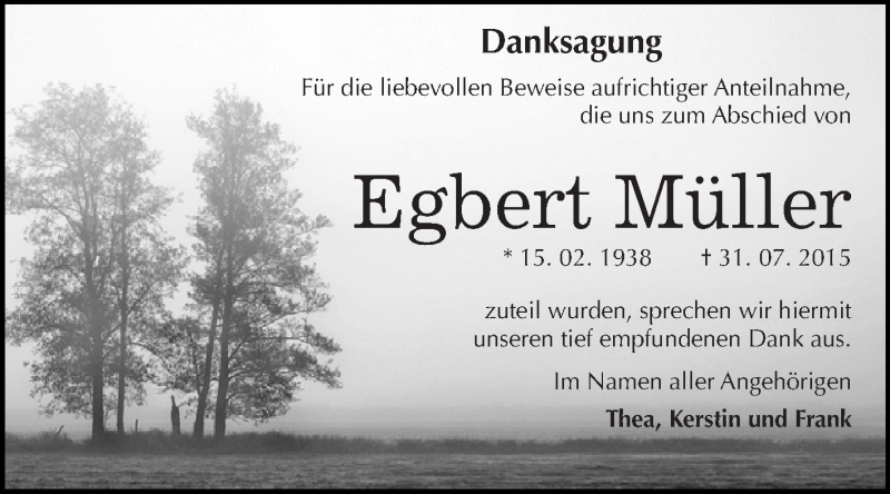  Traueranzeige für Egbert Müller vom 22.08.2015 aus WVG - Wochenspiegel Dessau / Köthen
