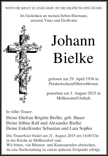 Traueranzeige von Johann Bielke von WVG - Wochenspiegel Dessau / Köthen