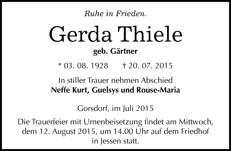  Traueranzeige für Gerda Thiele vom 08.08.2015 aus Mitteldeutsche Zeitung Wittenberg