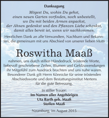 Traueranzeige von Roswitha Maaß von Mitteldeutsche Zeitung Naumburg/Nebra