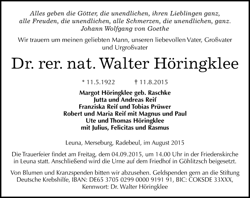  Traueranzeige für Walter Höringklee vom 22.08.2015 aus Mitteldeutsche Zeitung Merseburg/Querfurt