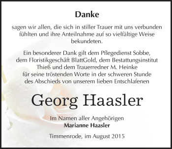 Traueranzeige von Georg Haasler von Mitteldeutsche Zeitung Quedlinburg