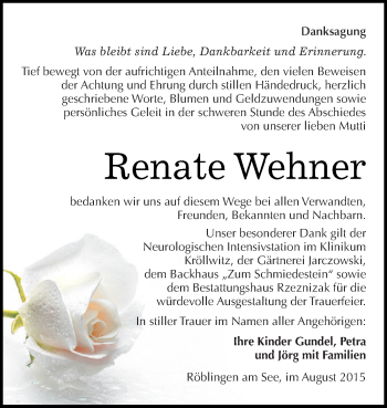 Traueranzeige von Renate Wehner von Super Sonntag SGH Mansf. Land