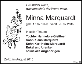 Traueranzeige von Minna Marquardt von Super Sonntag Zeitz