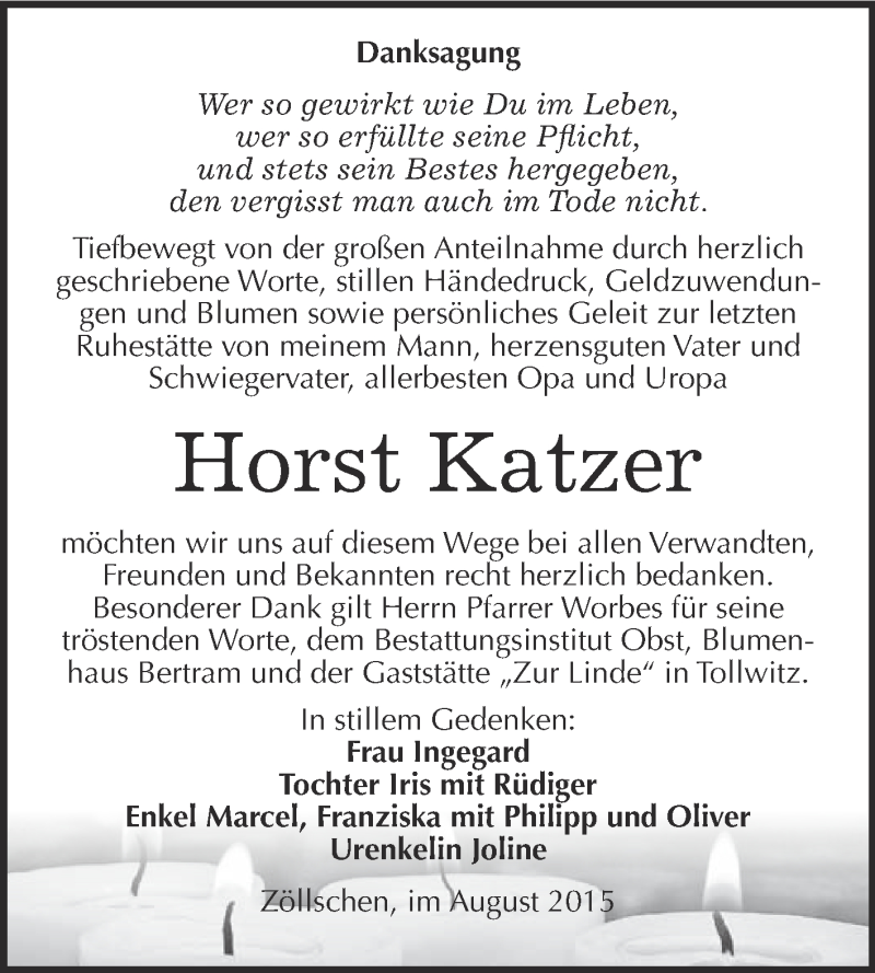  Traueranzeige für Horst Katzer vom 19.08.2015 aus Super Sonntag Merseburg