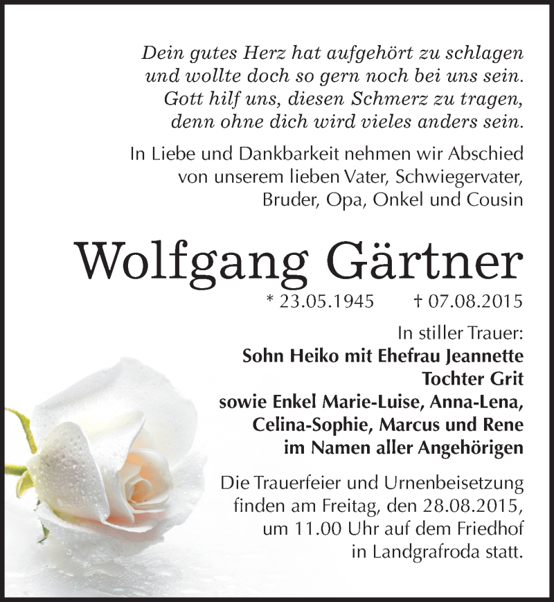 Traueranzeigen von Wolfgang Gärtner www.abschiednehmen.de