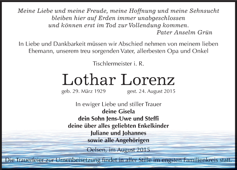  Traueranzeige für Lothar Lorenz vom 29.08.2015 aus Mitteldeutsche Zeitung Zeitz