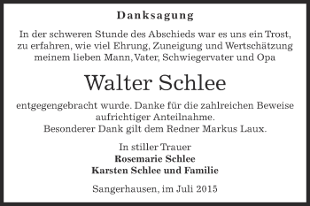 Traueranzeige von Walter Schlee von Super Sonntag SGH Mansf. Land