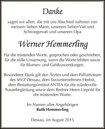 Traueranzeige von Werner Hemmerling von WVG - Wochenspiegel Dessau / Köthen
