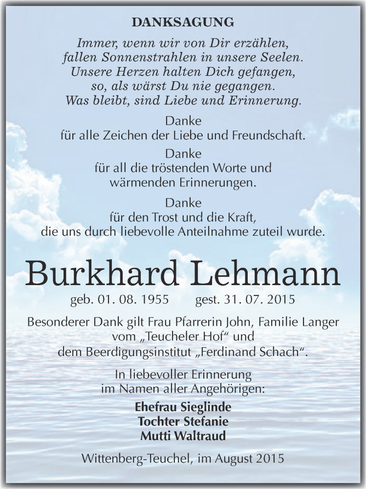  Traueranzeige für Burkhard Lehmann vom 15.08.2015 aus WVG - Wochenspiegel Wittenberg