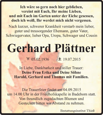 Traueranzeige von Gerhard Plättner von Super Sonntag Quedlinburg