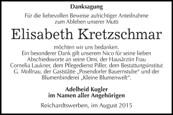 Traueranzeige von Elisabeth Kretzschmar von WVG - Wochenspiegel Merseburg
