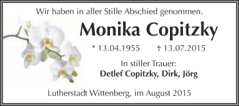 Traueranzeige von Monika Copitzky von WVG - Wochenspiegel Wittenberg