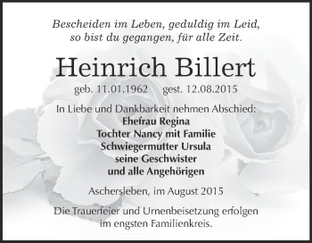 Traueranzeige von Heinrich Billert von Super Sonntag Aschersleben