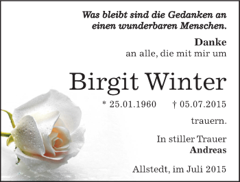 Traueranzeige von Birgit Winter von Mitteldeutsche Zeitung Sangerhausen