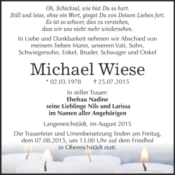 Traueranzeige von Michael Wiese von WVG - Wochenspiegel Merseburg
