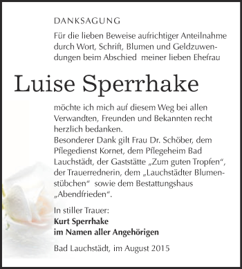 Traueranzeige von Luise Sperrhake von WVG - Wochenspiegel Merseburg