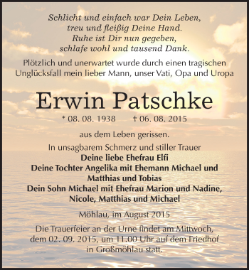 Traueranzeige von Erwin Patschke von Mitteldeutsche Zeitung Wittenberg