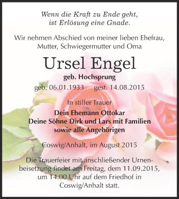 Traueranzeige von Ursel Engel von Super Sonntag Wittenberg