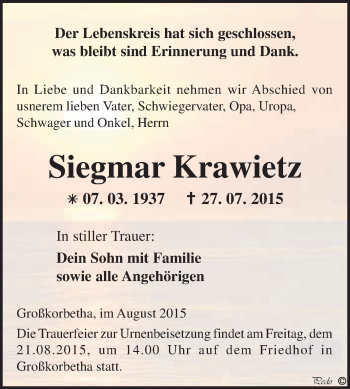 Traueranzeige von Siegmar Krawietz von WVG - Wochenspiegel NMB / WSF / ZTZ