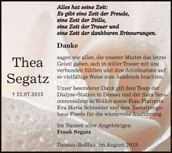 Traueranzeige von Thea Segatz von WVG - Wochenspiegel Dessau / Köthen