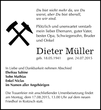 Traueranzeige von Dieter Müller von Mitteldeutsche Zeitung Bitterfeld