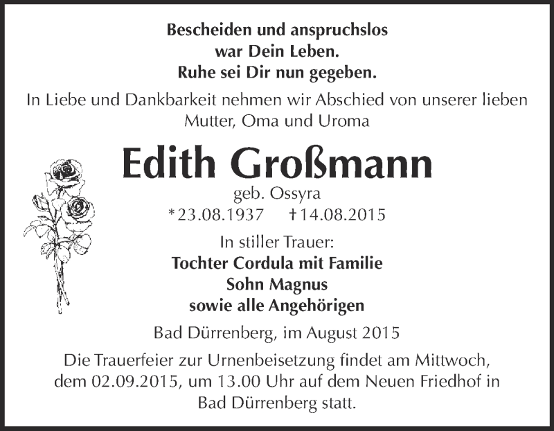  Traueranzeige für Edith Großmann vom 22.08.2015 aus Super Sonntag Merseburg