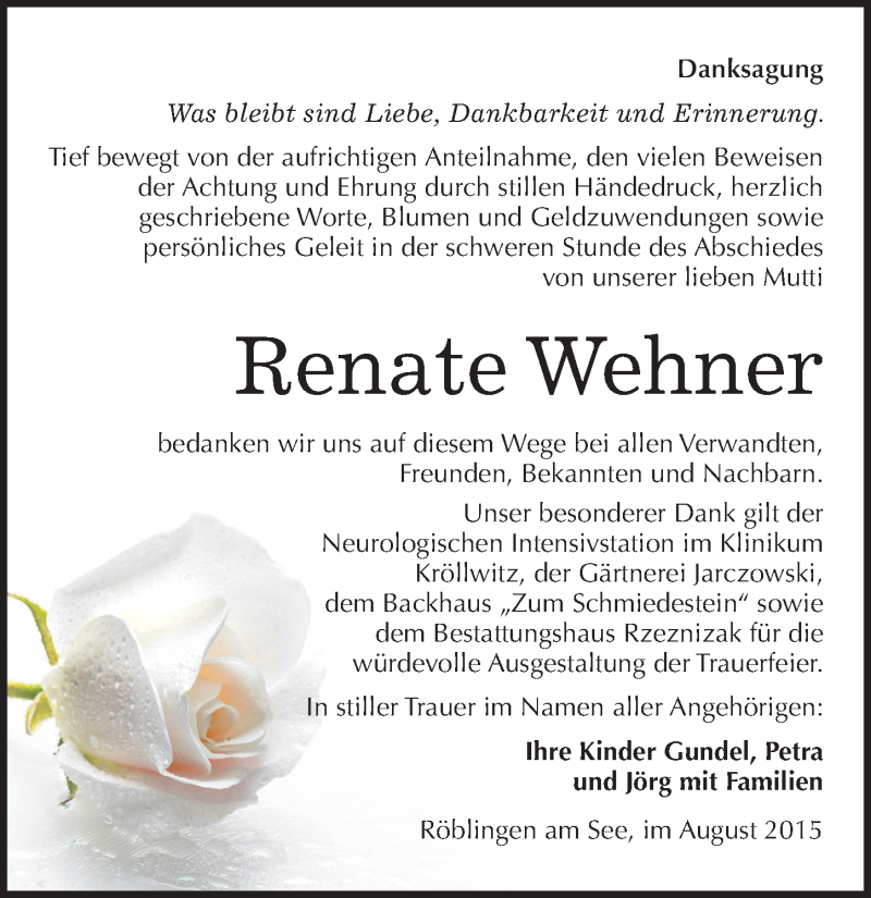  Traueranzeige für Renate Wehner vom 08.08.2015 aus Mitteldeutsche Zeitung Mansfelder Land