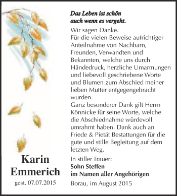 Traueranzeige von Karin Emmerich von WVG - Wochenspiegel NMB / WSF / ZTZ