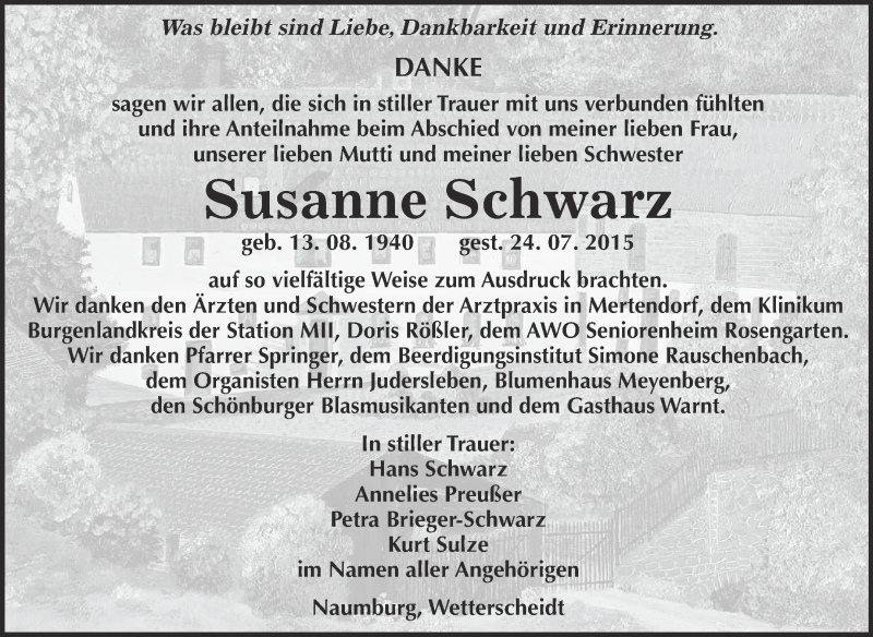  Traueranzeige für Susanne Schwarz vom 19.08.2015 aus WVG - Wochenspiegel NMB / WSF / ZTZ