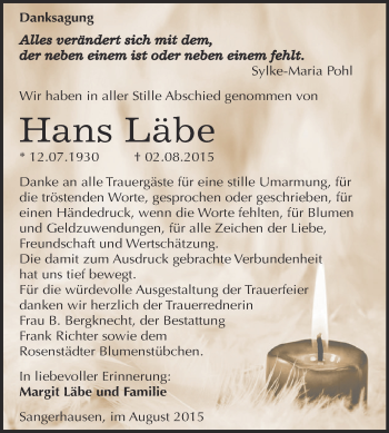 Traueranzeige von Hans Läbe von Super Sonntag SGH Mansf. Land