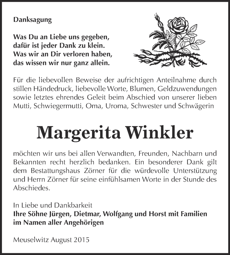  Traueranzeige für Margerita Winkler vom 29.08.2015 aus Super Sonntag Zeitz