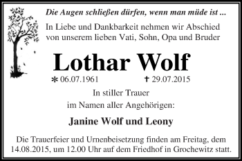 Traueranzeige von Lothar Wolf von WVG - Wochenspiegel Dessau / Köthen
