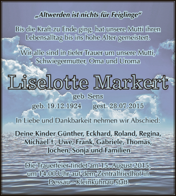 Traueranzeige von Liselotte Markert von WVG - Wochenspiegel Dessau / Köthen