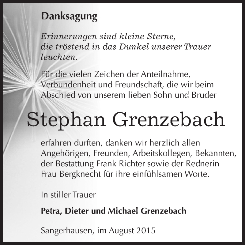  Traueranzeige für Stephan Grenzebach vom 08.08.2015 aus Super Sonntag SGH Mansf. Land