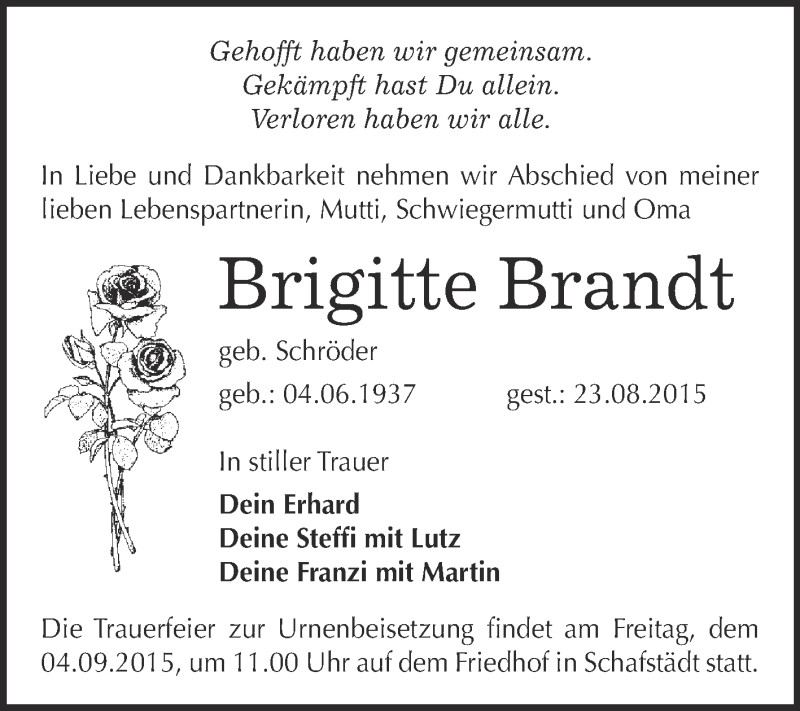 Traueranzeige für Brigitte Brandt vom 29.08.2015 aus Super Sonntag Merseburg