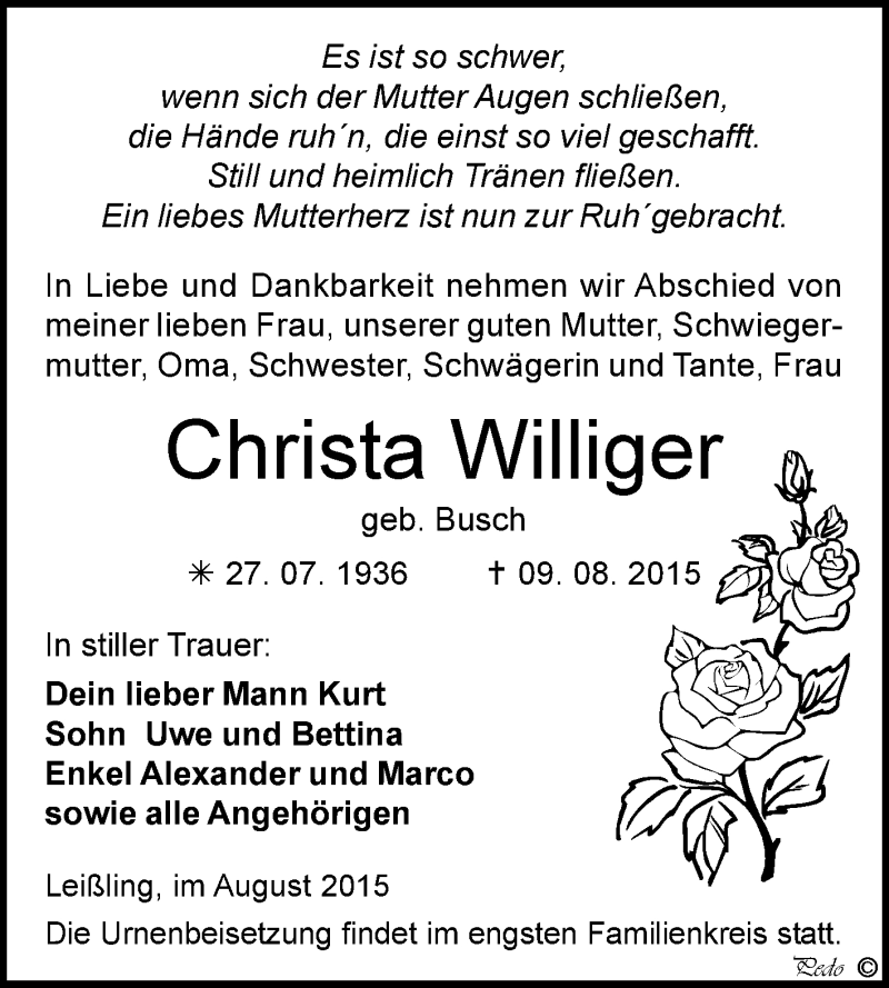  Traueranzeige für Christa Williger vom 19.08.2015 aus WVG - Wochenspiegel NMB / WSF / ZTZ