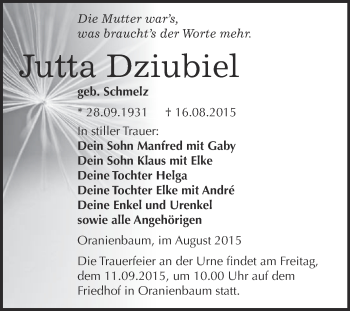 Traueranzeige von Jutta Dziubiel von WVG - Wochenspiegel Wittenberg