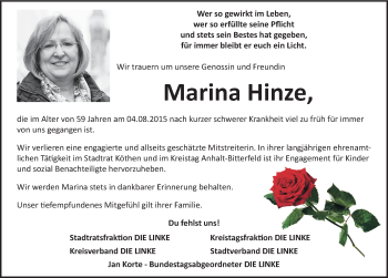 Traueranzeige von Marina Hinze von Mitteldeutsche Zeitung Köthen