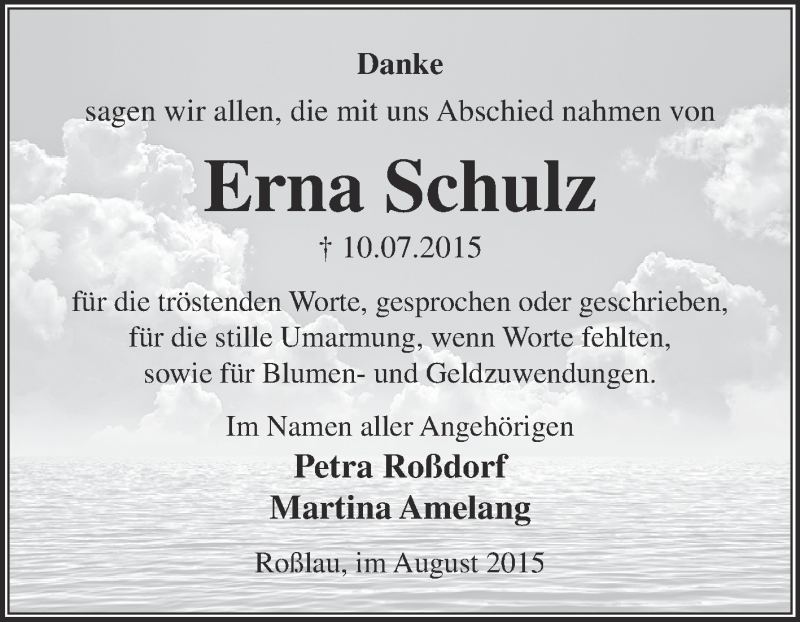  Traueranzeige für Erna Schulz vom 08.08.2015 aus WVG - Wochenspiegel Dessau / Köthen