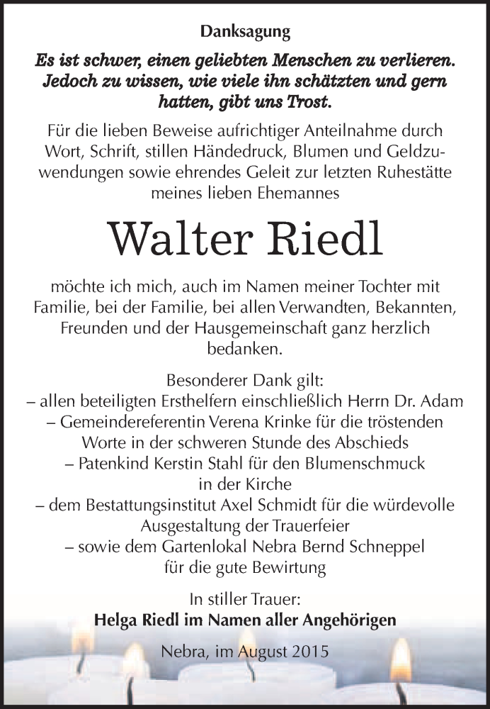  Traueranzeige für Walter Riedl vom 12.08.2015 aus WVG - Wochenspiegel NMB / WSF / ZTZ