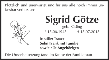 Traueranzeige von Sigrid Götze von WVG - Wochenspiegel Dessau / Köthen