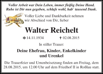 Traueranzeige von Walter Reichelt von WVG - Wochenspiegel Dessau / Köthen