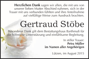 Traueranzeige von Gertraud Stöbe von WVG - Wochenspiegel Merseburg