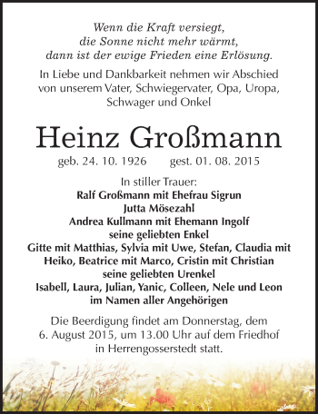 Traueranzeige von Heinz Großmann von Mitteldeutsche Zeitung Naumburg/Nebra