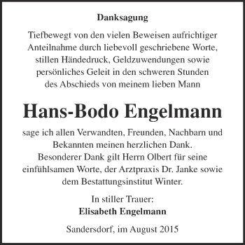 Traueranzeige von Hans-Bodo Engelmann von WVG - Wochenspiegel Bitterfeld