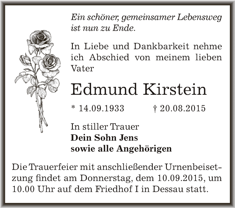  Traueranzeige für Edmund Kirstein vom 29.08.2015 aus WVG - Wochenspiegel Dessau / Köthen
