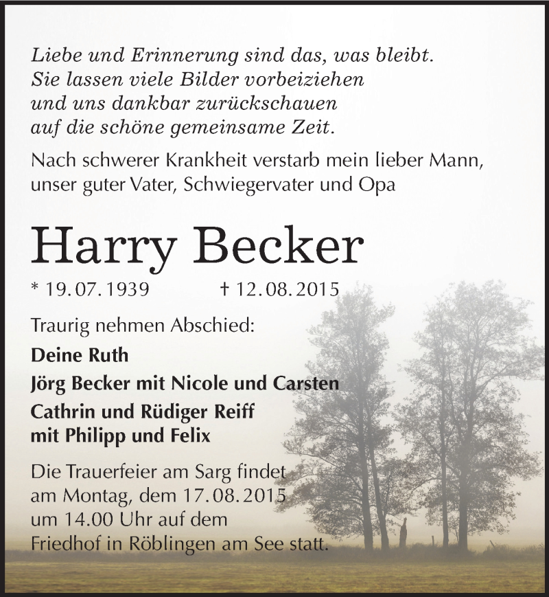  Traueranzeige für Harry Becker vom 14.08.2015 aus Mitteldeutsche Zeitung Mansfelder Land