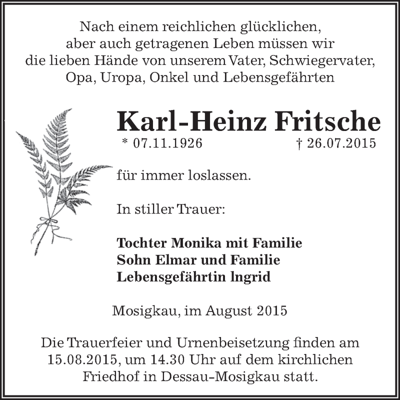  Traueranzeige für Karl-Heinz Fritsche vom 08.08.2015 aus WVG - Wochenspiegel Dessau / Köthen