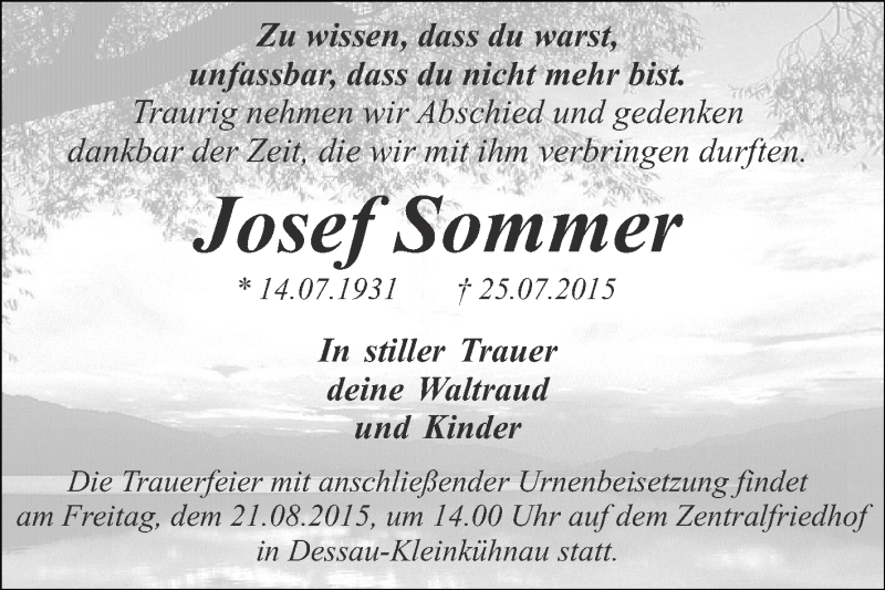  Traueranzeige für Josef Sommer vom 01.08.2015 aus WVG - Wochenspiegel Dessau / Köthen